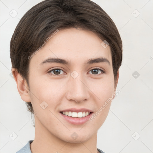 Joyful white young-adult female with short  brown hair and grey eyes