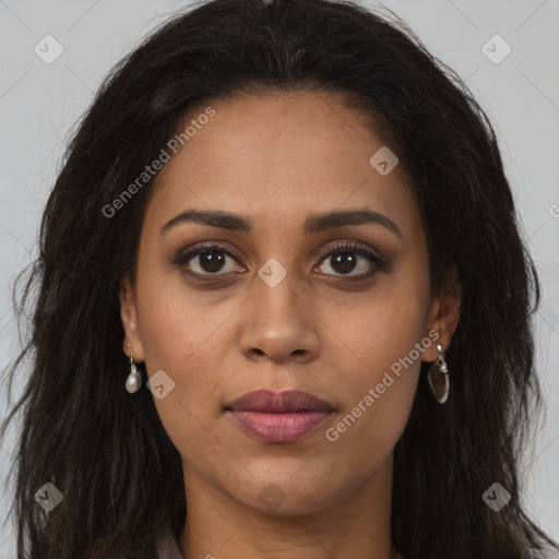 Joyful latino young-adult female with long  brown hair and brown eyes
