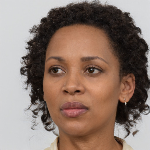Joyful black adult female with medium  brown hair and brown eyes