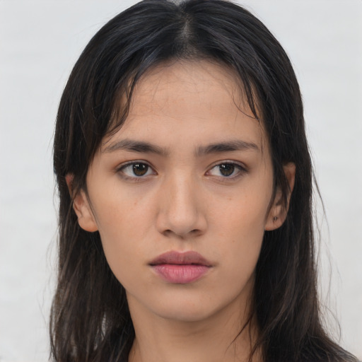 Neutral asian young-adult female with long  brown hair and brown eyes