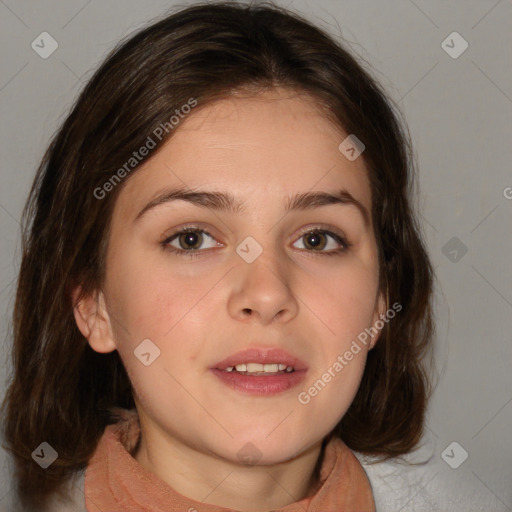 Joyful white young-adult female with medium  brown hair and blue eyes