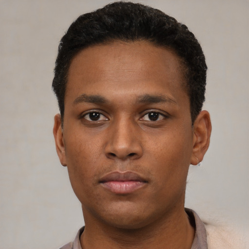 Neutral black young-adult male with short  black hair and brown eyes
