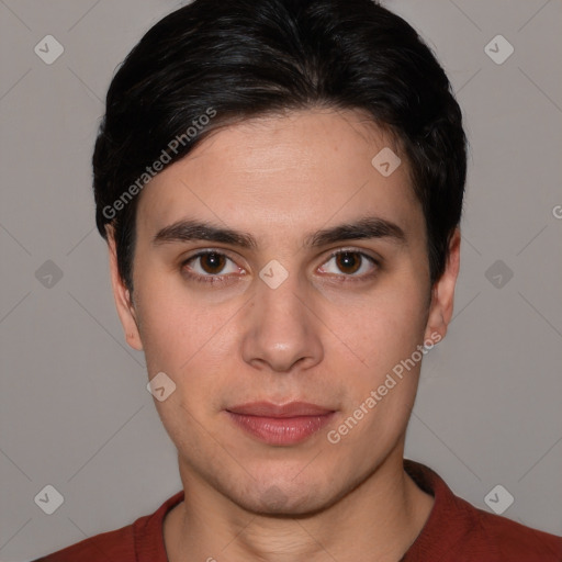 Neutral white young-adult male with short  brown hair and brown eyes