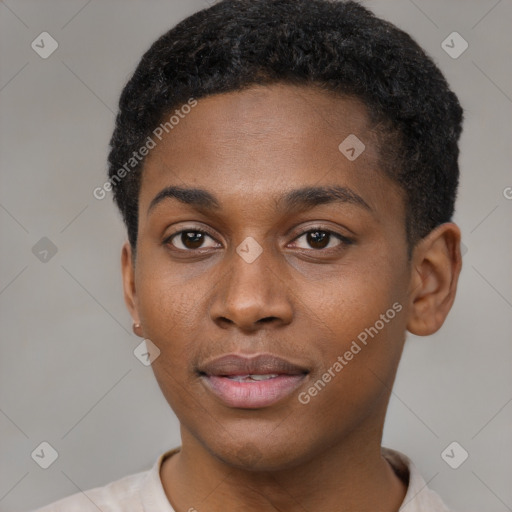 Neutral black young-adult male with short  black hair and brown eyes