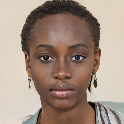 Neutral black young-adult female with short  brown hair and brown eyes