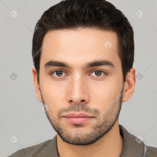 Neutral white young-adult male with short  brown hair and brown eyes