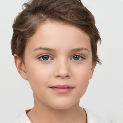 Joyful white child female with short  brown hair and brown eyes