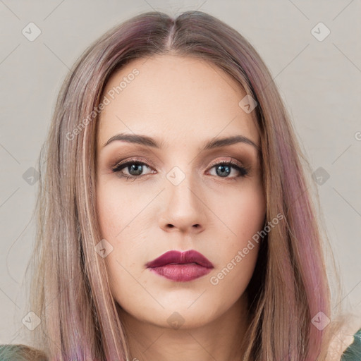 Neutral white young-adult female with long  brown hair and brown eyes