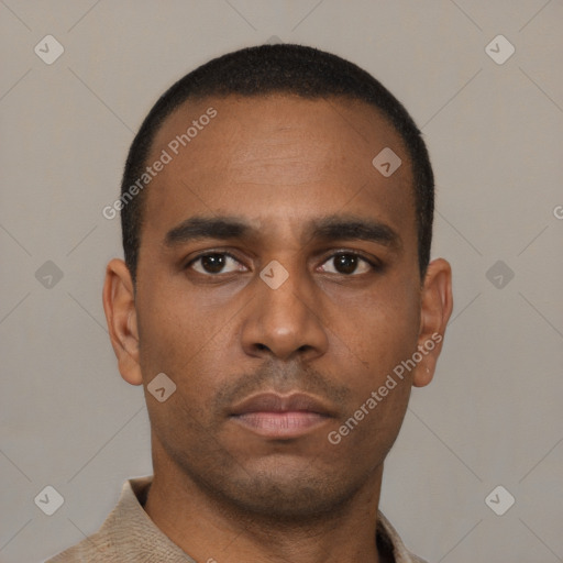 Neutral latino young-adult male with short  black hair and brown eyes