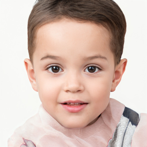 Joyful white child female with short  brown hair and brown eyes