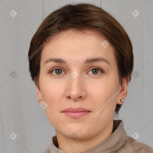 Neutral white young-adult female with short  brown hair and brown eyes