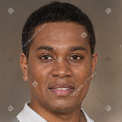 Joyful latino young-adult male with short  brown hair and brown eyes