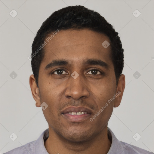 Neutral black young-adult male with short  black hair and brown eyes