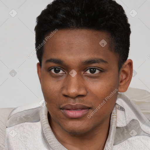 Joyful black young-adult male with short  brown hair and brown eyes