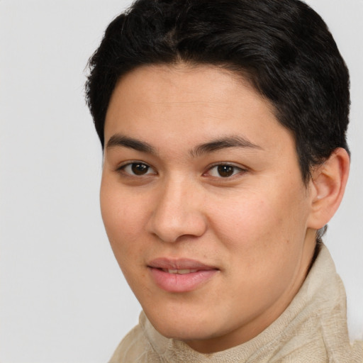 Joyful latino young-adult female with short  brown hair and brown eyes