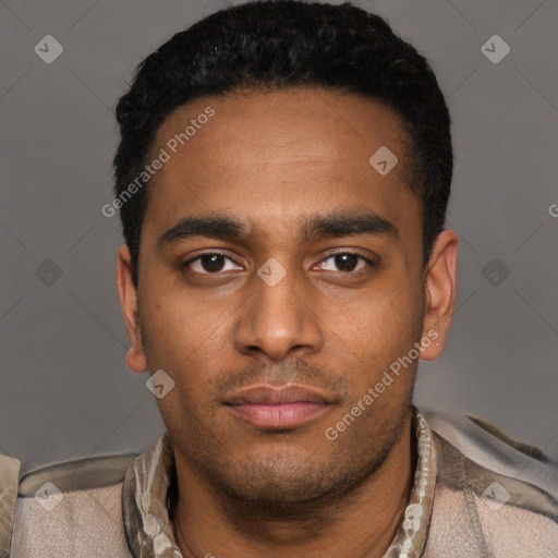 Neutral latino young-adult male with short  black hair and brown eyes