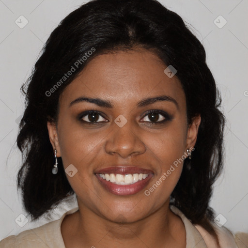 Joyful black young-adult female with medium  black hair and brown eyes