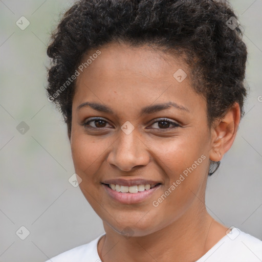 Joyful latino young-adult female with short  brown hair and brown eyes