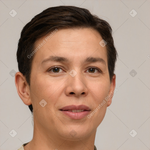 Joyful white young-adult female with short  brown hair and brown eyes