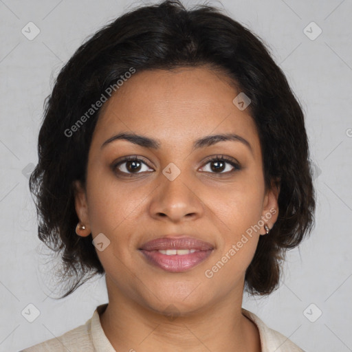 Joyful black young-adult female with medium  brown hair and brown eyes