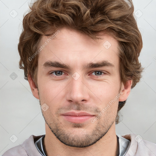 Neutral white young-adult male with short  brown hair and grey eyes