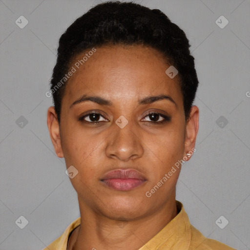 Neutral black young-adult female with short  black hair and brown eyes