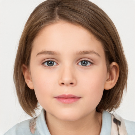 Neutral white child female with medium  brown hair and grey eyes