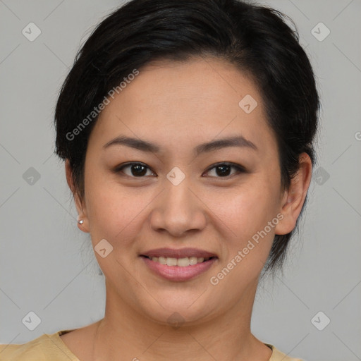 Joyful white young-adult female with short  brown hair and brown eyes