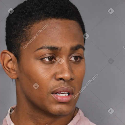 Neutral black young-adult female with short  brown hair and brown eyes