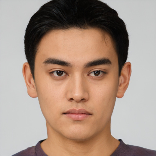 Neutral asian young-adult male with short  black hair and brown eyes