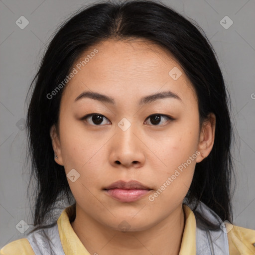 Neutral asian young-adult female with medium  brown hair and brown eyes