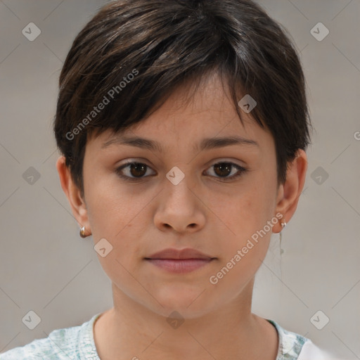 Neutral white young-adult female with short  brown hair and brown eyes