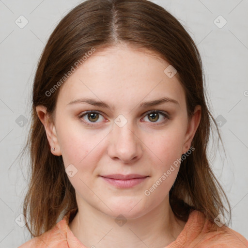 Neutral white young-adult female with medium  brown hair and brown eyes