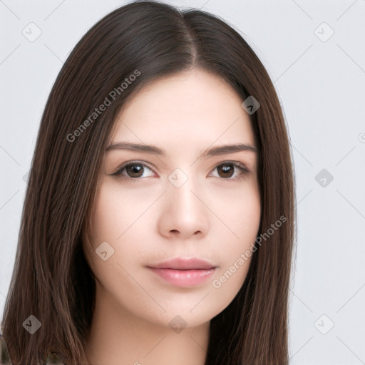 Neutral white young-adult female with long  brown hair and brown eyes