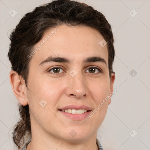 Joyful white young-adult male with medium  brown hair and brown eyes