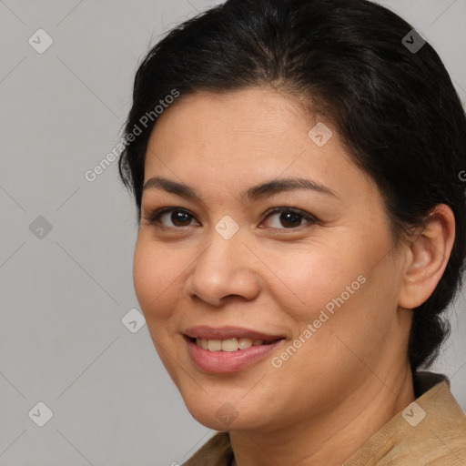 Joyful white young-adult female with medium  brown hair and brown eyes