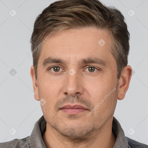 Neutral white adult male with short  brown hair and brown eyes