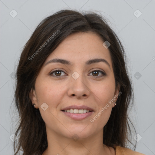 Joyful white young-adult female with medium  brown hair and brown eyes