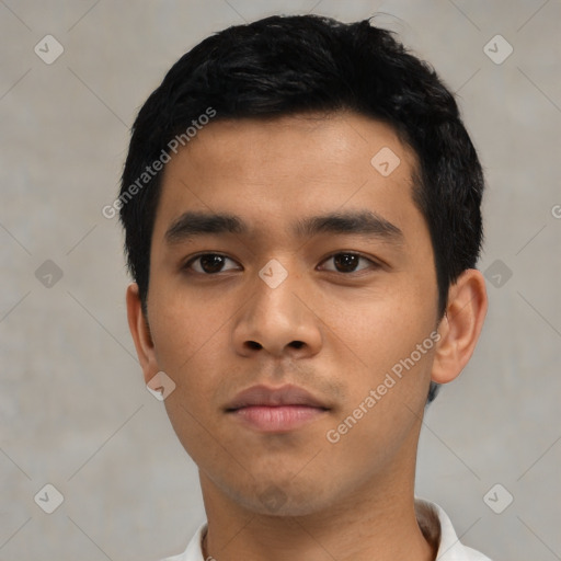 Neutral asian young-adult male with short  black hair and brown eyes