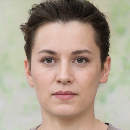 Neutral white young-adult female with short  brown hair and brown eyes