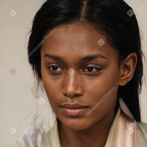 Neutral black young-adult female with medium  brown hair and brown eyes