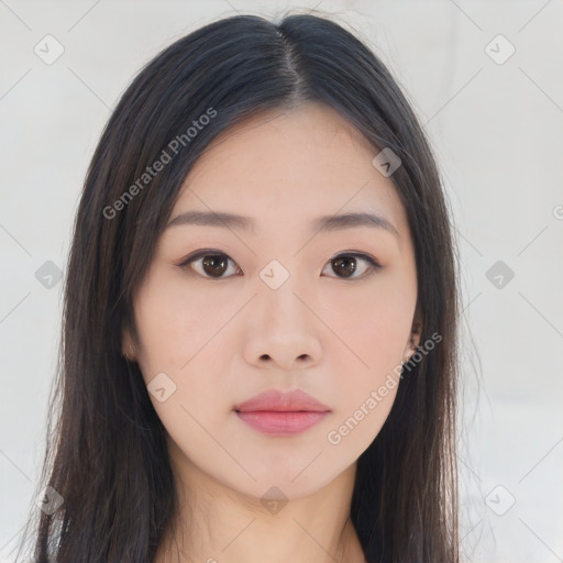 Neutral asian young-adult female with long  brown hair and brown eyes