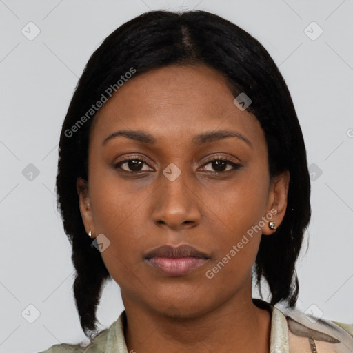 Neutral asian young-adult female with medium  black hair and brown eyes