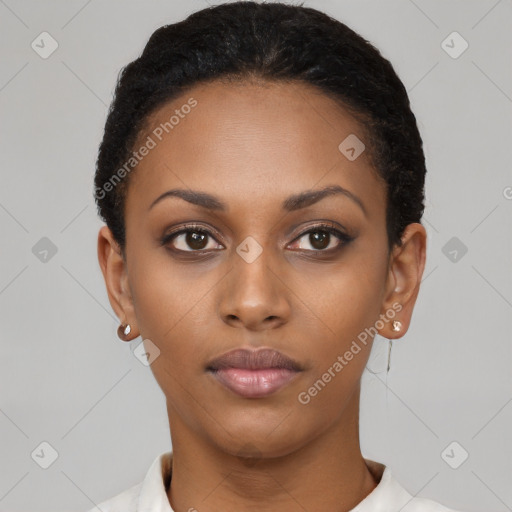 Neutral latino young-adult female with short  black hair and brown eyes