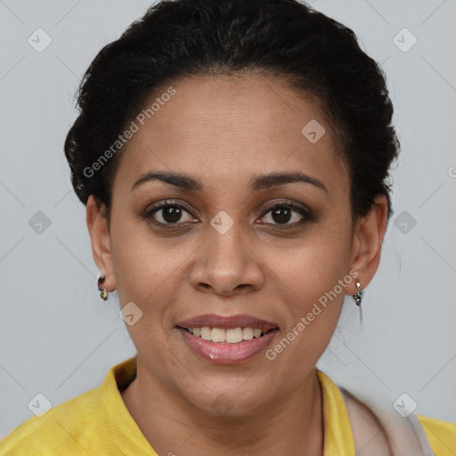 Joyful latino young-adult female with short  brown hair and brown eyes