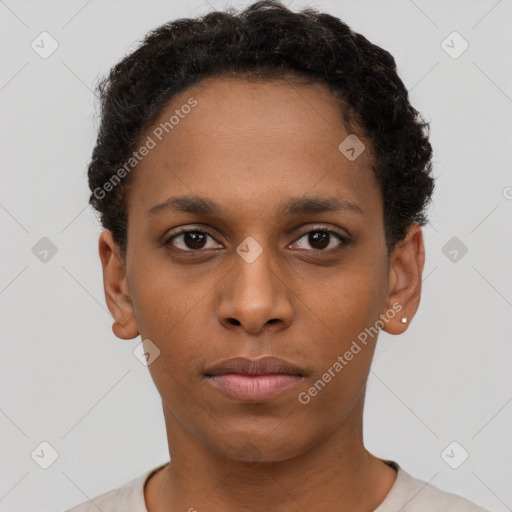 Neutral black young-adult female with short  brown hair and brown eyes