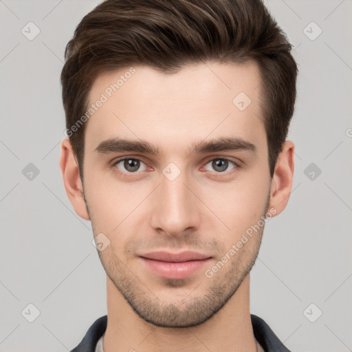 Neutral white young-adult male with short  brown hair and brown eyes