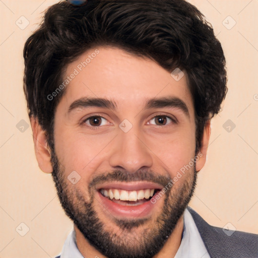 Joyful white young-adult male with short  black hair and brown eyes