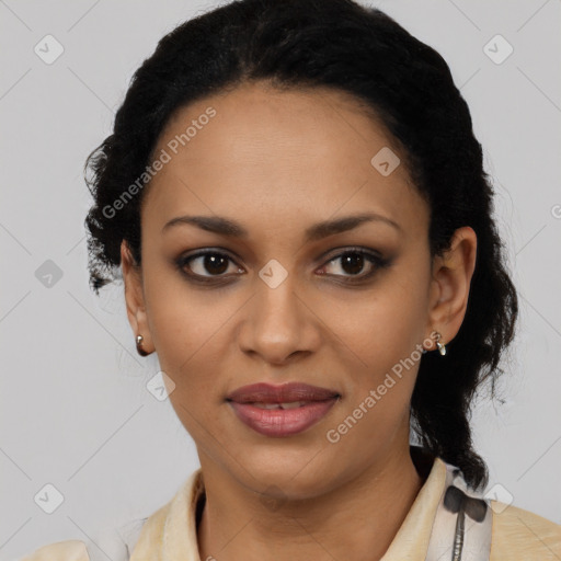 Joyful latino young-adult female with short  black hair and brown eyes