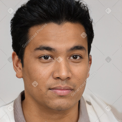 Joyful latino young-adult male with short  brown hair and brown eyes